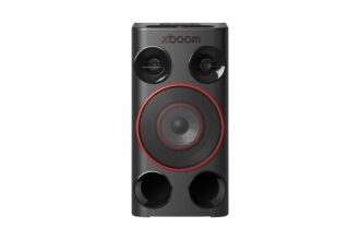 Tall black Xboom speaker with two small drivers at the top and a large red-ringed woofer in the center, shown in portrait orientation.