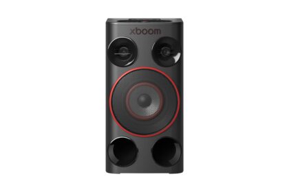 Tall black Xboom speaker with two small drivers at the top and a large red-ringed woofer in the center, shown in portrait orientation.