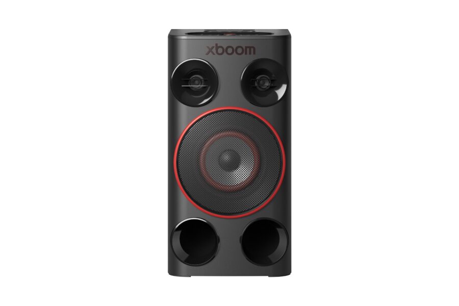 Tall black Xboom speaker with two small drivers at the top and a large red-ringed woofer in the center, shown in portrait orientation.