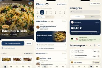 Three mobile screens from a meal-planning app in Portuguese: the left shows Bacalhau à Brás recipe with a ‘Começar a cozinhar’ button; the middle displays a plan/calendar view and the dish card; the right shows a 'Compras' shopping list with a total estimated cost.