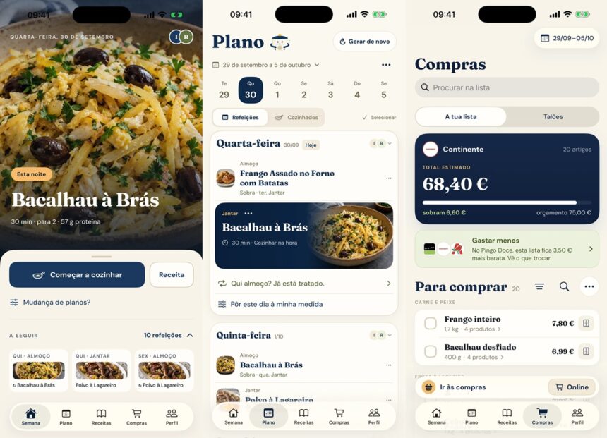 Three mobile screens from a meal-planning app in Portuguese: the left shows Bacalhau à Brás recipe with a ‘Começar a cozinhar’ button; the middle displays a plan/calendar view and the dish card; the right shows a 'Compras' shopping list with a total estimated cost.