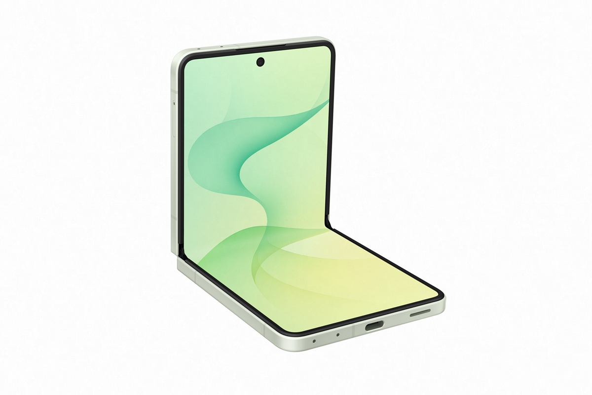 Foldable smartphone opened to 180 degrees, displaying a green gradient wallpaper on the large screen with a light gray frame.