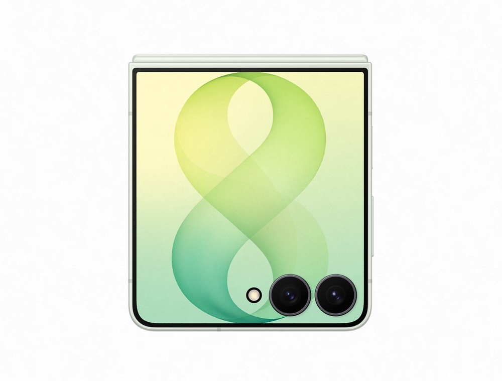 Back of a foldable smartphone showing two rear cameras and a small flash on a gradient green panel.