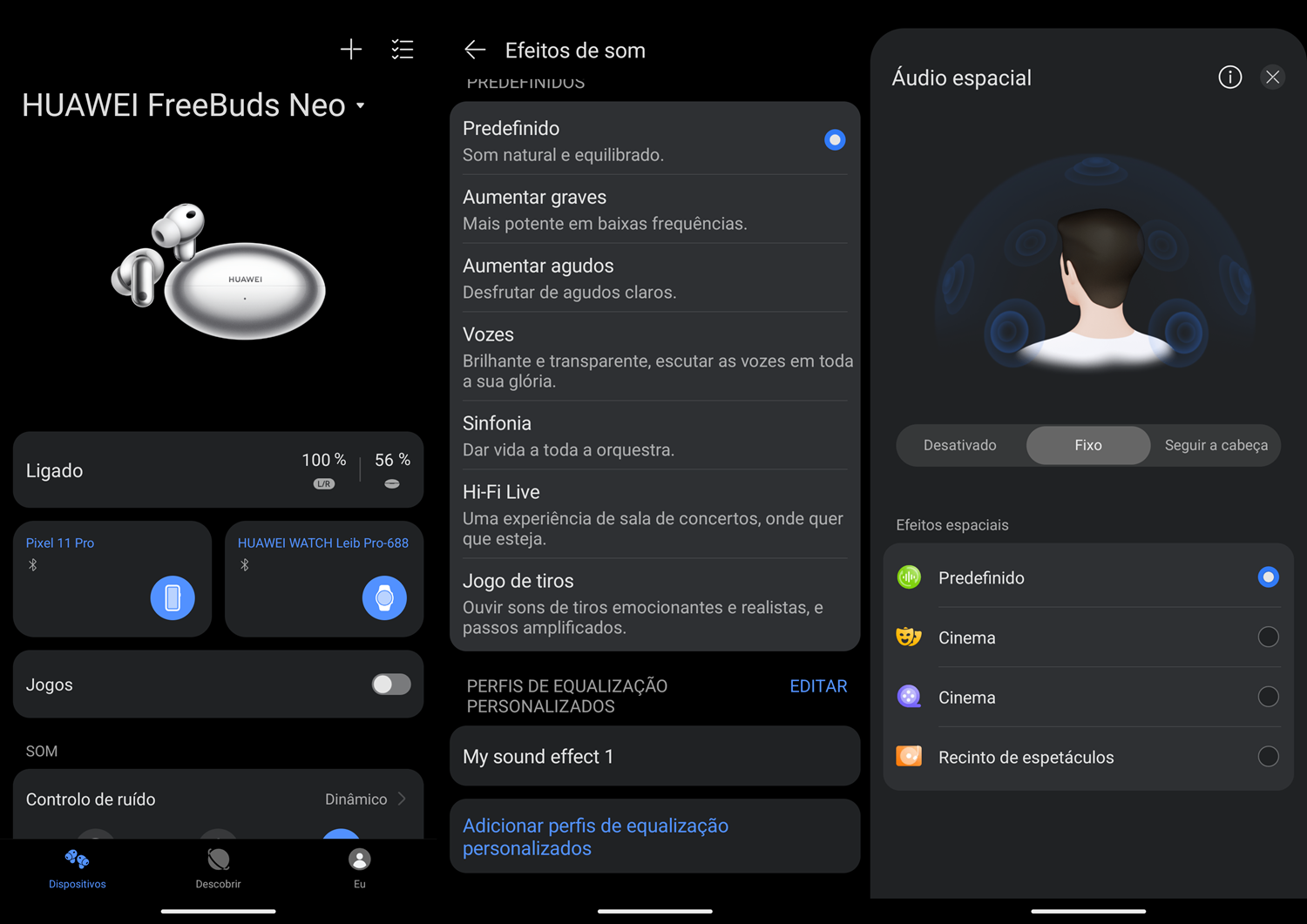 Screenshot_Huawei | PCGuia Huawei FreeBuds Neo settings screen with sound effects options and spatial audio panel open on the right (Portuguese).