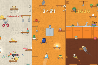 Three-panel mobile game screenshot: beige, orange, and brown kitchen-themed levels with shelves, appliances, and scattered food items; scores read 743, 3431, and 3630 on each panel.