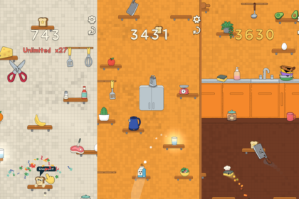 Three-panel mobile game screenshot: beige, orange, and brown kitchen-themed levels with shelves, appliances, and scattered food items; scores read 743, 3431, and 3630 on each panel.