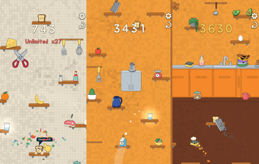 Three-panel mobile game screenshot: beige, orange, and brown kitchen-themed levels with shelves, appliances, and scattered food items; scores read 743, 3431, and 3630 on each panel.