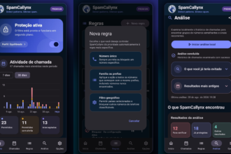 Triptych of SpamCallynx app screens in dark mode: left panel shows 'Proteção ativa' card and call activity chart; center panel displays a 'Nova regra' modal with rule options; right panel shows 'Análise' screen with analysis controls and results cards.