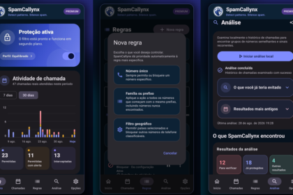 Triptych of SpamCallynx app screens in dark mode: left panel shows 'Proteção ativa' card and call activity chart; center panel displays a 'Nova regra' modal with rule options; right panel shows 'Análise' screen with analysis controls and results cards.