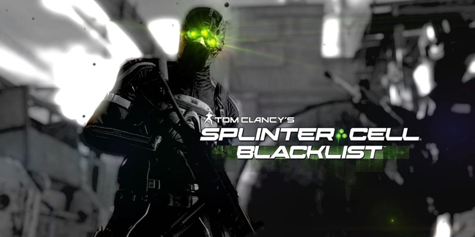 Dark, armored spy with glowing green night-vision goggles stands in a grayscale scene; Splinter Cell: Blacklist cover art.