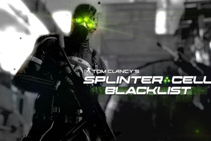 Dark, armored spy with glowing green night-vision goggles stands in a grayscale scene; Splinter Cell: Blacklist cover art.