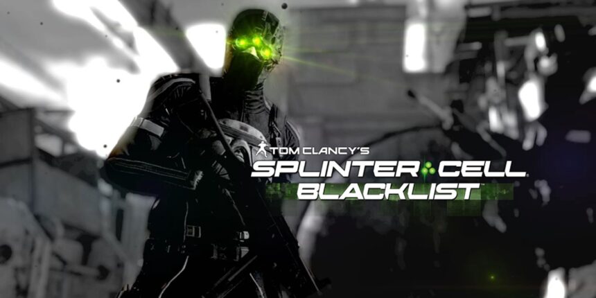 Dark, armored spy with glowing green night-vision goggles stands in a grayscale scene; Splinter Cell: Blacklist cover art.