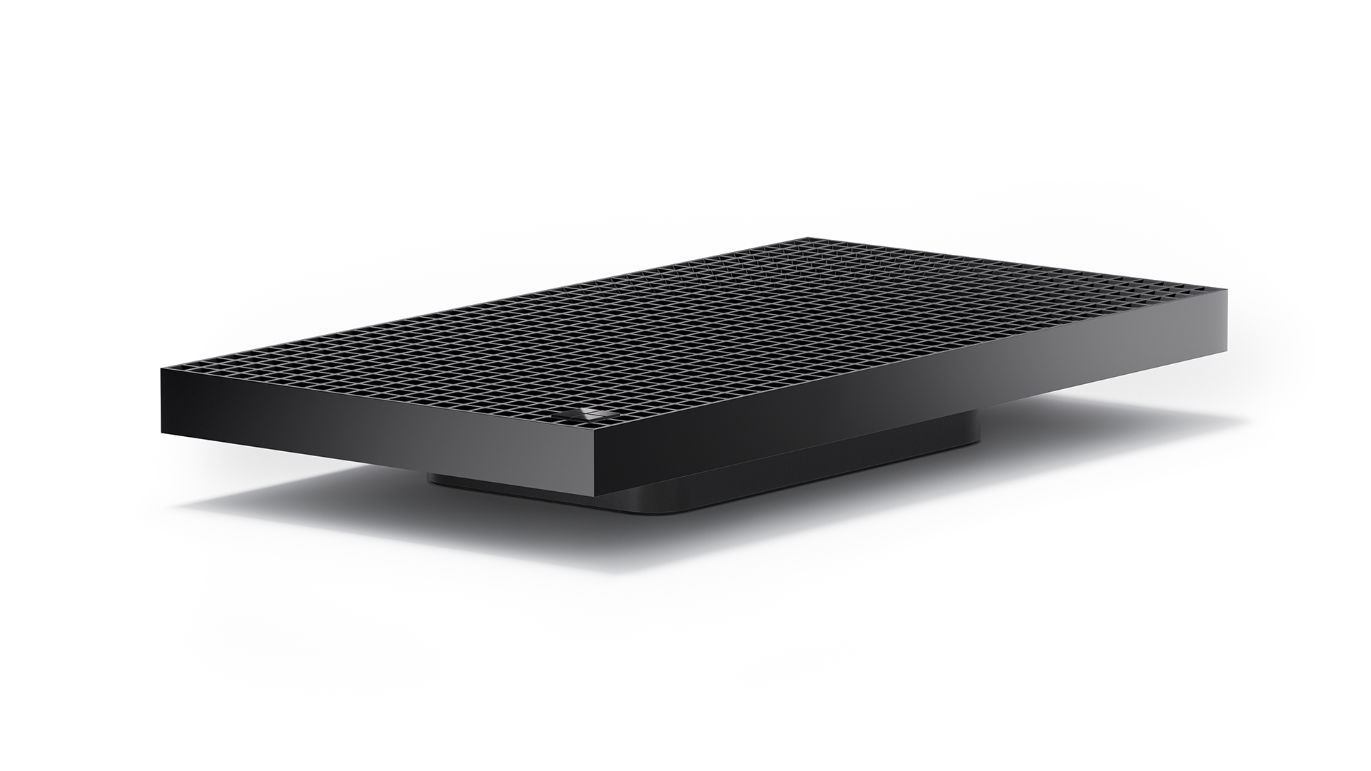 Black rectangular metal grate platform with a diamond lattice top and solid base, viewed at an angle.