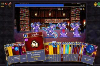 Pixel-art deck-building game screen: purple spellcasters in a library, with a long row of colorful cards at the bottom and a highlighted Garlic card dealing 99 damage to 5 enemies.