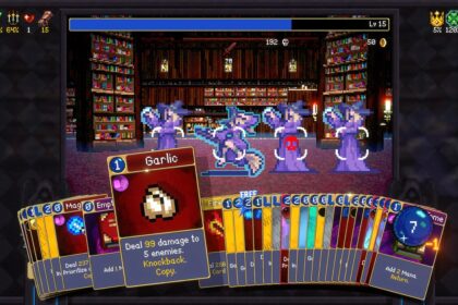 Pixel-art deck-building game screen: purple spellcasters in a library, with a long row of colorful cards at the bottom and a highlighted Garlic card dealing 99 damage to 5 enemies.
