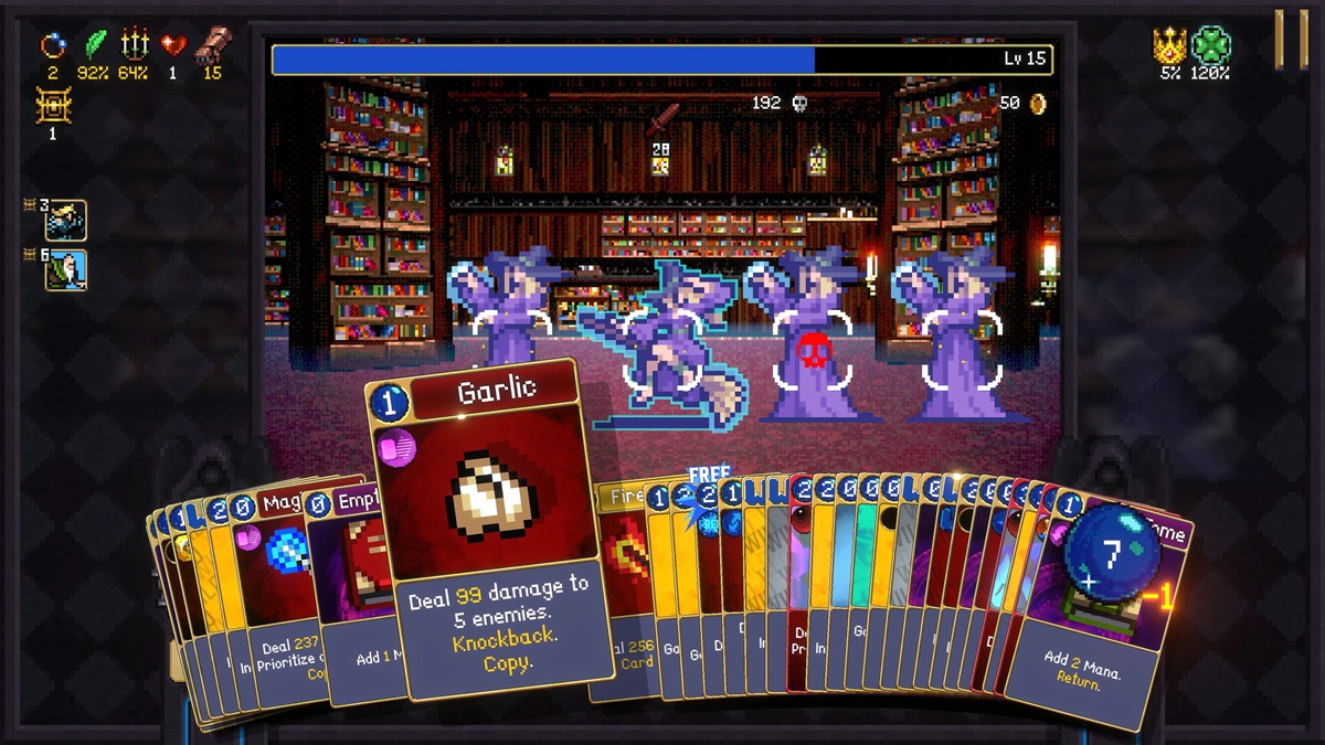 Pixel-art deck-building game screen: purple spellcasters in a library, with a long row of colorful cards at the bottom and a highlighted Garlic card dealing 99 damage to 5 enemies.