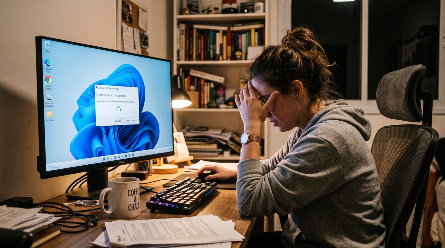 Woman at a desk holds her head in frustration as a Windows error dialog is on a Dell monitor; cluttered desk and bookshelf in background.