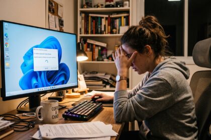 Woman at a desk holds her head in frustration as a Windows error dialog is on a Dell monitor; cluttered desk and bookshelf in background.