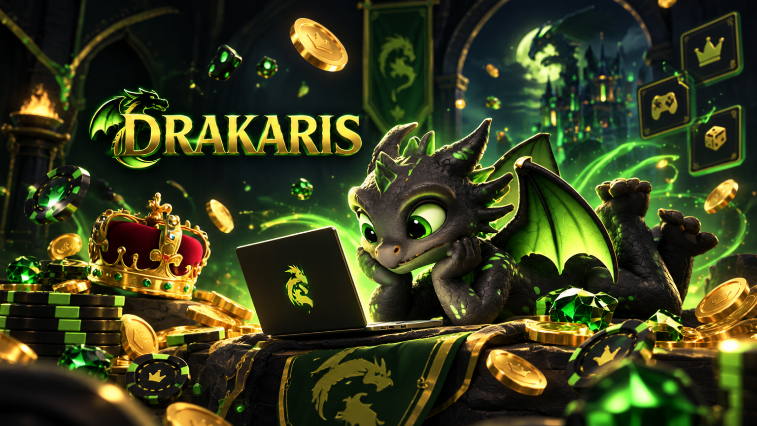 Dragon-themed game promo: a cute green dragon rests on treasure, laptops open, glowing gold coins and green gems around.