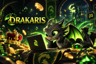 Dragon-themed game promo: a cute green dragon rests on treasure, laptops open, glowing gold coins and green gems around.