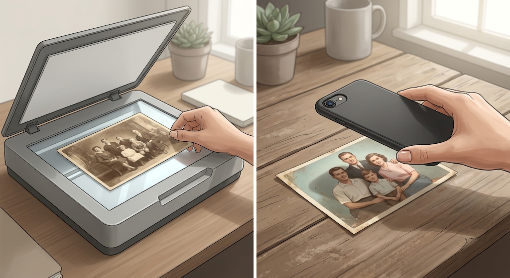 Two-panel scene: left panel shows a hand placing a vintage photo into a flatbed scanner; right panel shows a hand scanning a photo with a smartphone.