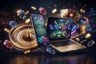 Online casino scene with a laptop and smartphone surrounded by cards, chips, and a roulette wheel, representing digital gambling.