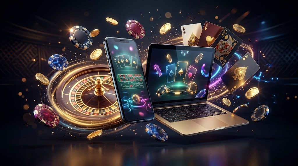 Online casino scene with a laptop and smartphone surrounded by cards, chips, and a roulette wheel, representing digital gambling.