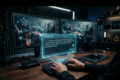 Person typing at a desk with two monitors showing a networked cityscape; a glowing holographic prompt box hovers above the keyboard.