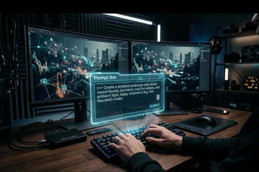 Person typing at a desk with two monitors showing a networked cityscape; a glowing holographic prompt box hovers above the keyboard.