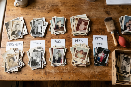 Table with stacks of vintage photographs organized by decade (1930s–1990s) on a wooden surface