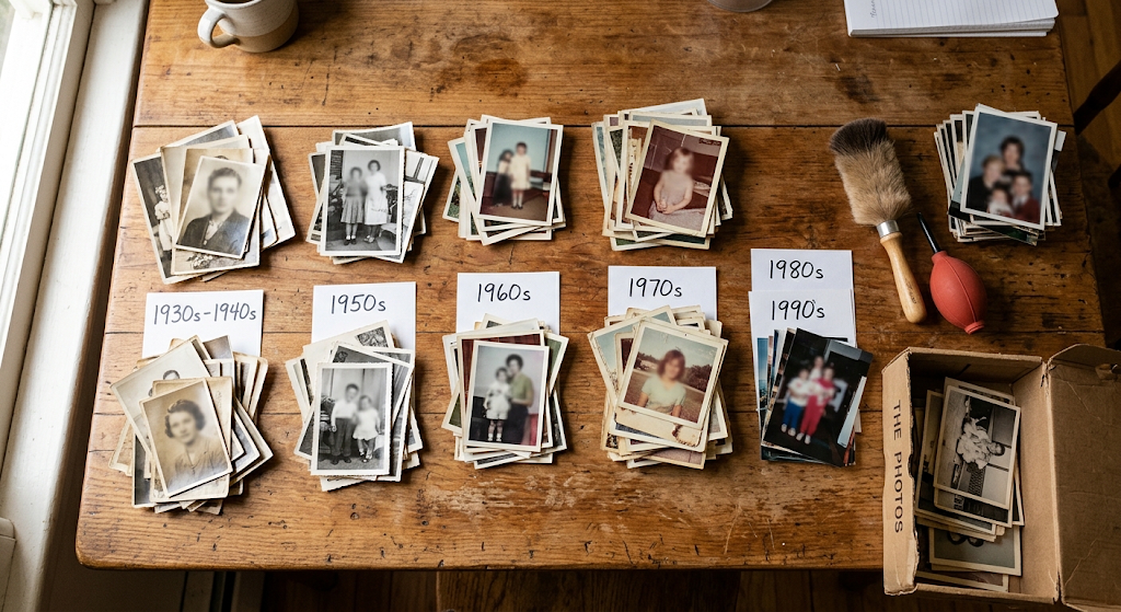 Table with stacks of vintage photographs organized by decade (1930s–1990s) on a wooden surface
