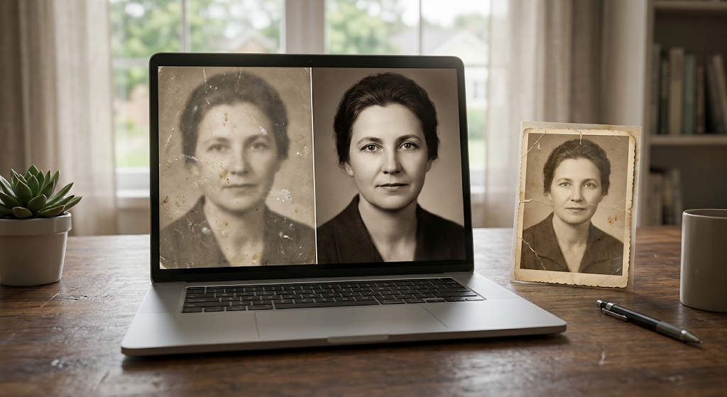 Laptop on a wooden desk shows a split-screen comparison of an old faded portrait and a clear modern portrait of the same woman on the screen, with a framed photo nearby.