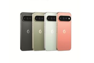 Back view of four Google Pixel phones in black, olive, silver, and peach, showing the wide horizontal camera bar and 'G' logo at the center back.
