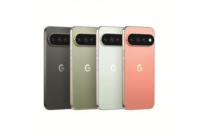 Back view of four Google Pixel phones in black, olive, silver, and peach, showing the wide horizontal camera bar and 'G' logo at the center back.