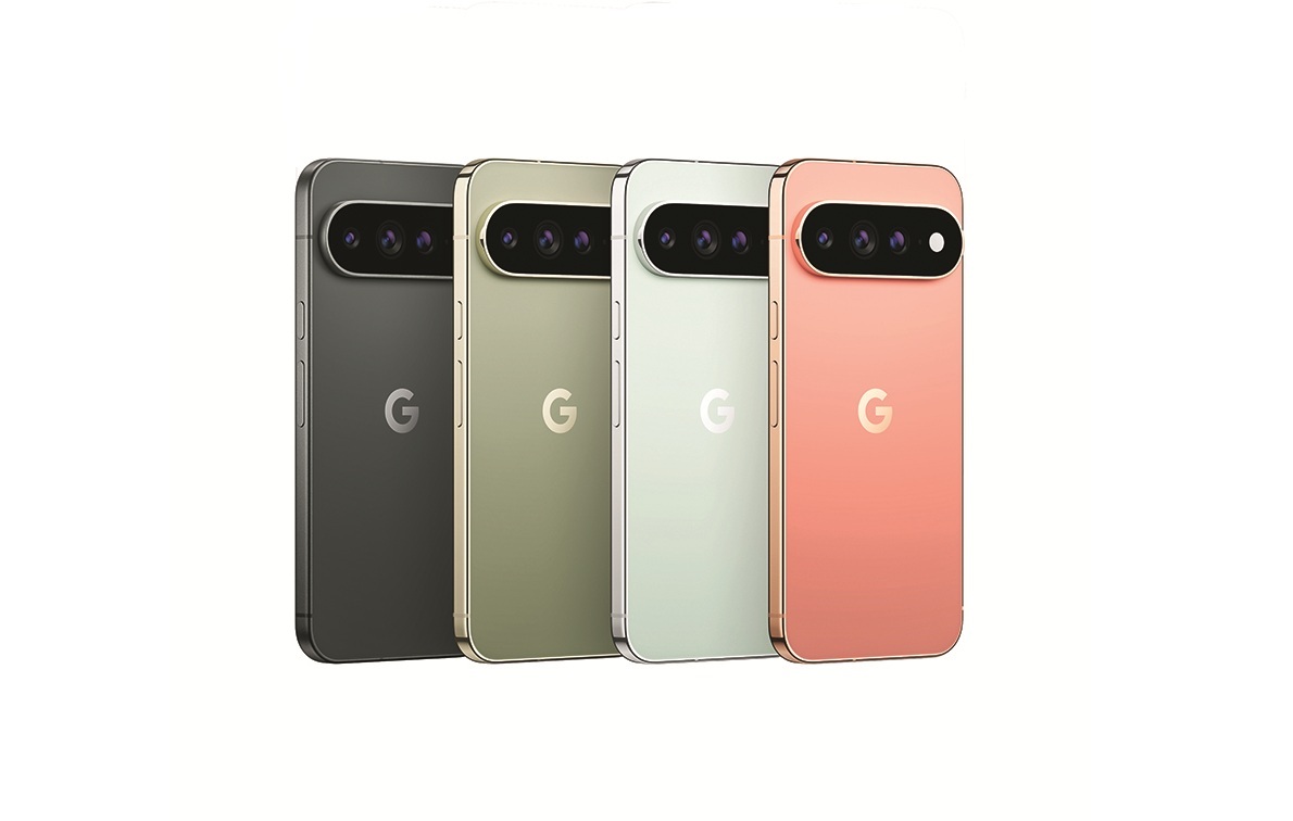 Back view of four Google Pixel phones in black, olive, silver, and peach, showing the wide horizontal camera bar and 'G' logo at the center back.