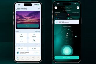Two iPhone screens showing a meditation app: left screen greets with Good evening and a Calm breathing session card labeled Begin, plus mood tiles below; right screen shows Coherent Breathing settings with a 2-minute timer and a Start button at bottom.
