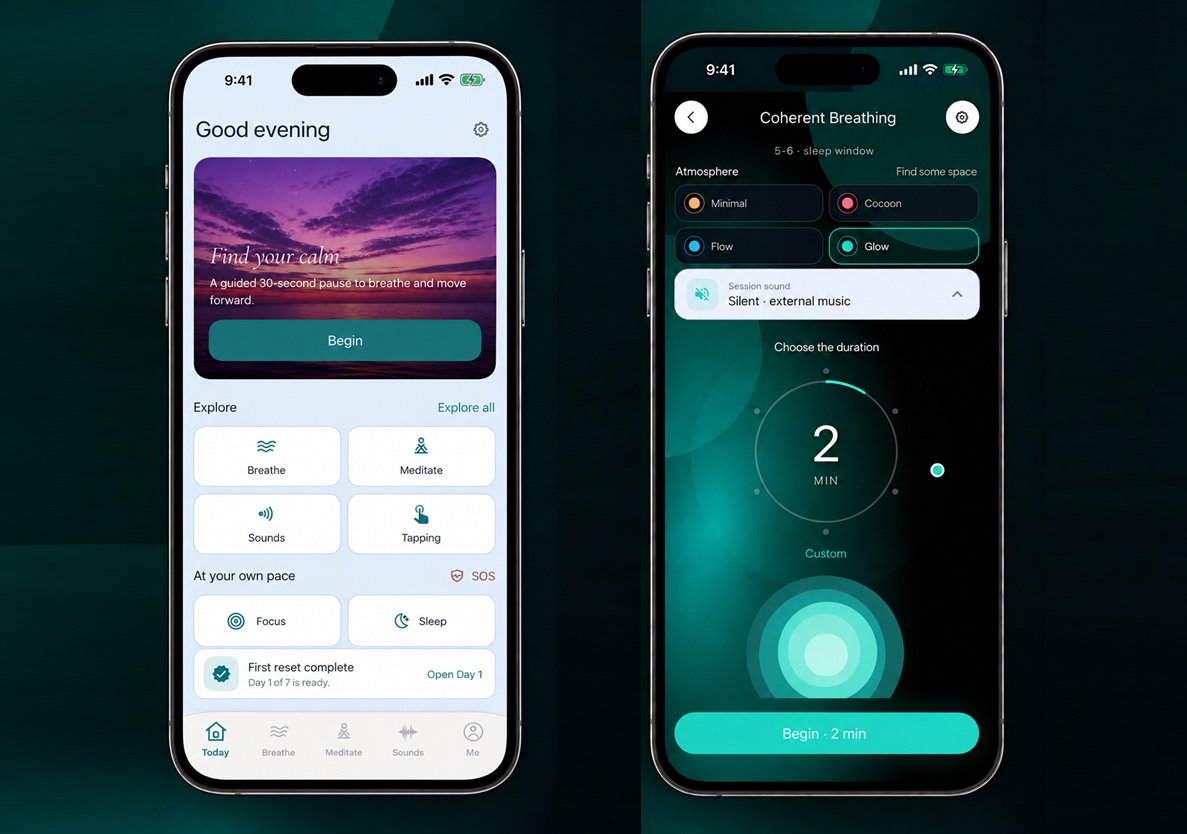 Two iPhone screens showing a meditation app: left screen greets with Good evening and a Calm breathing session card labeled Begin, plus mood tiles below; right screen shows Coherent Breathing settings with a 2-minute timer and a Start button at bottom.
