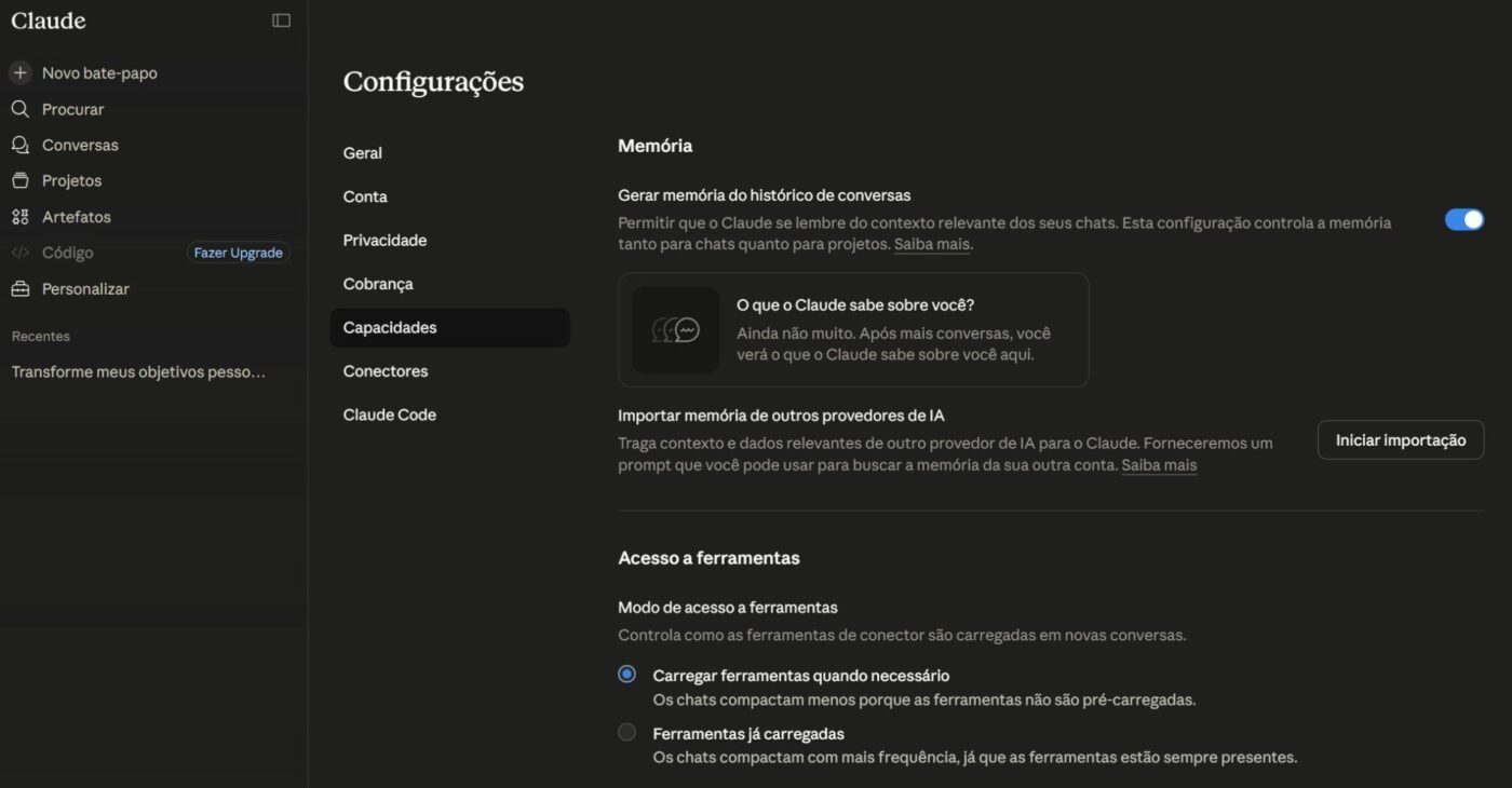 Página de Configurações do Claude em tema escuro, seção Memória com opção de gerar memória de conversas ativada e botão Iniciar importação visível.