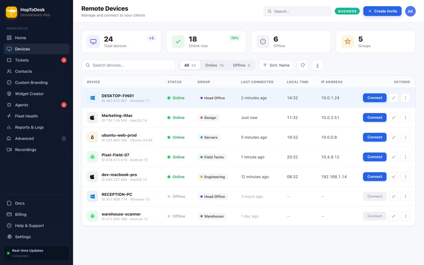 Remote Devices dashboard with side navigation, summary cards (24 total, 18 online, 6 offline, 5 groups) and a device table showing status and Connect buttons.