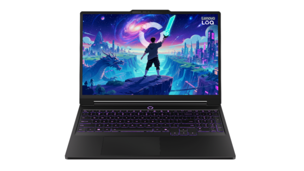 Open black Lenovo laptop with purple backlit keyboard; display shows a vibrant fantasy/scifi scene with a character holding a glowing sword on a cliff.